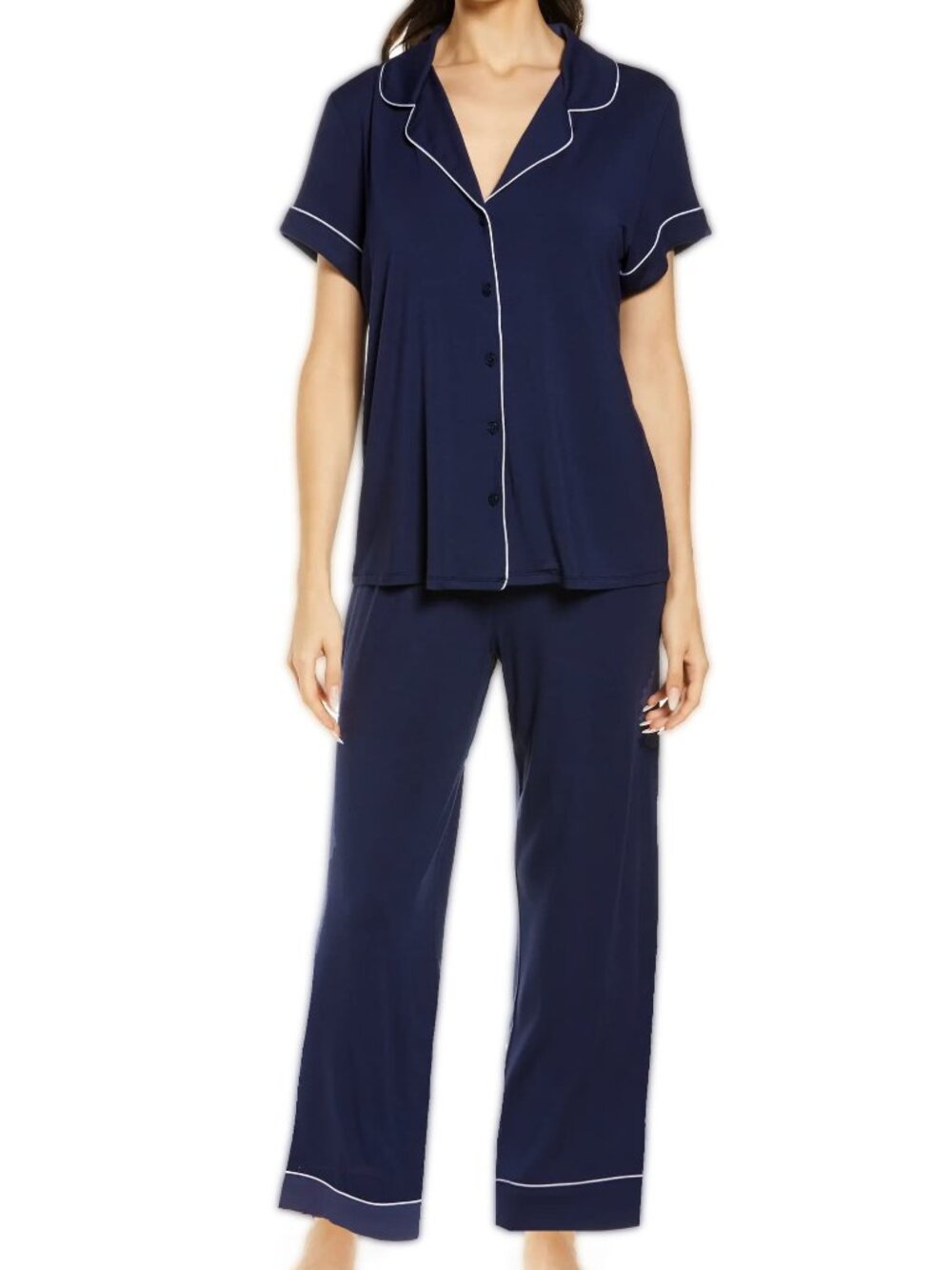 Nordstrom Moonlight Eco Knit Pajama Set Navy Blue Long Pants Short Sleeves NWT